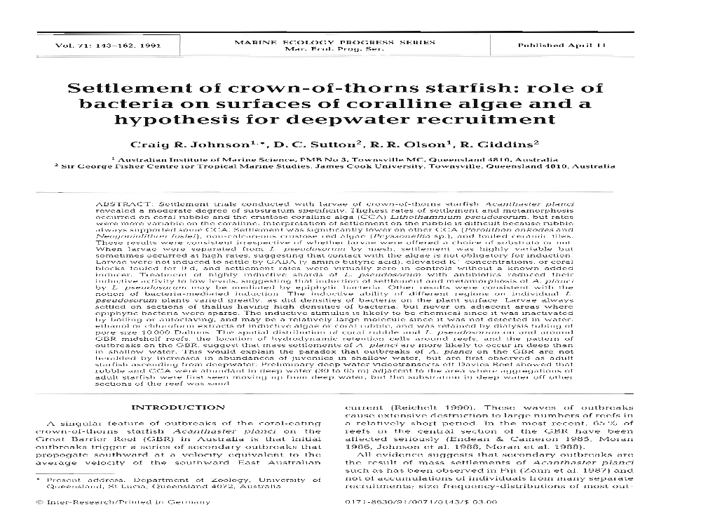 Settlement of Crown-Of-Thorns Starfish: Role of Bacteria on Surfaces of Coralline Algae and a Hypothesis for Deepwater Recruitment