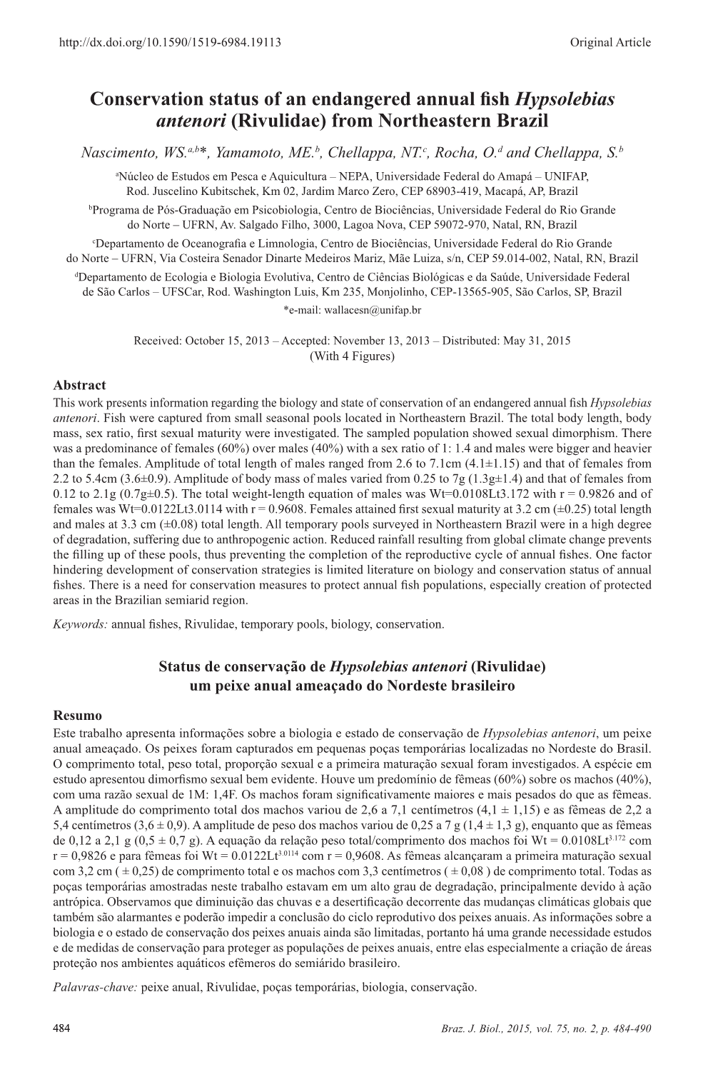 Conservation Status of an Endangered Annual Fish Hypsolebias Antenori