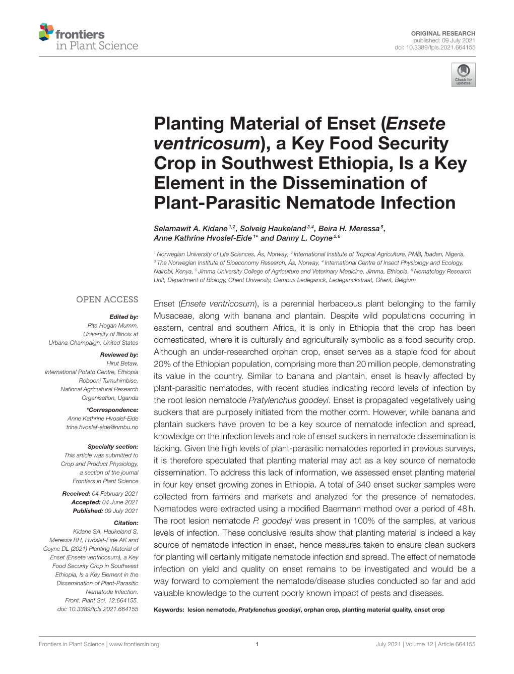 (Ensete Ventricosum), a Key Food Security Crop in Southwest Ethiopia, Is a Key Element in the Dissemination of Plant-Parasitic Nematode Infection