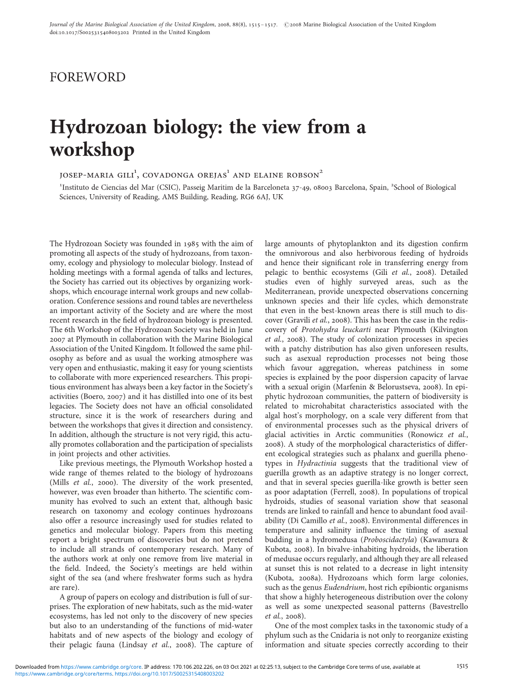 Hydrozoan Biology