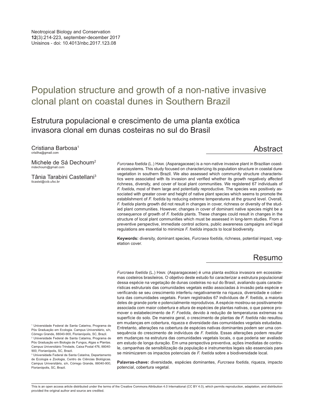 Population Structure and Growth of a Non-Native Invasive Clonal Plant on Coastal Dunes in Southern Brazil