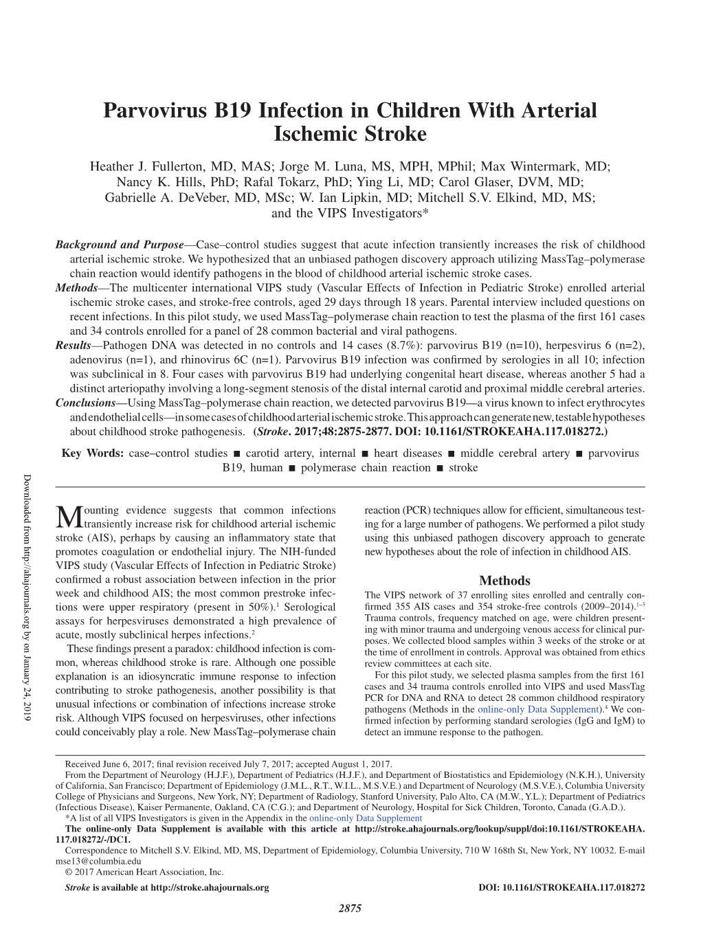 Parvovirus B19 Infection in Children with Arterial Ischemic Stroke