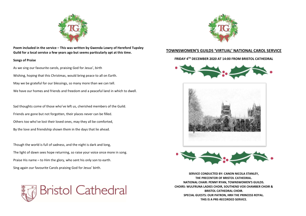 NATIONAL CAROL SERVICE TH Songs of Praise FRIDAY 4 DECEMBER 2020 at 14:00 from BRISTOL CATHEDRAL