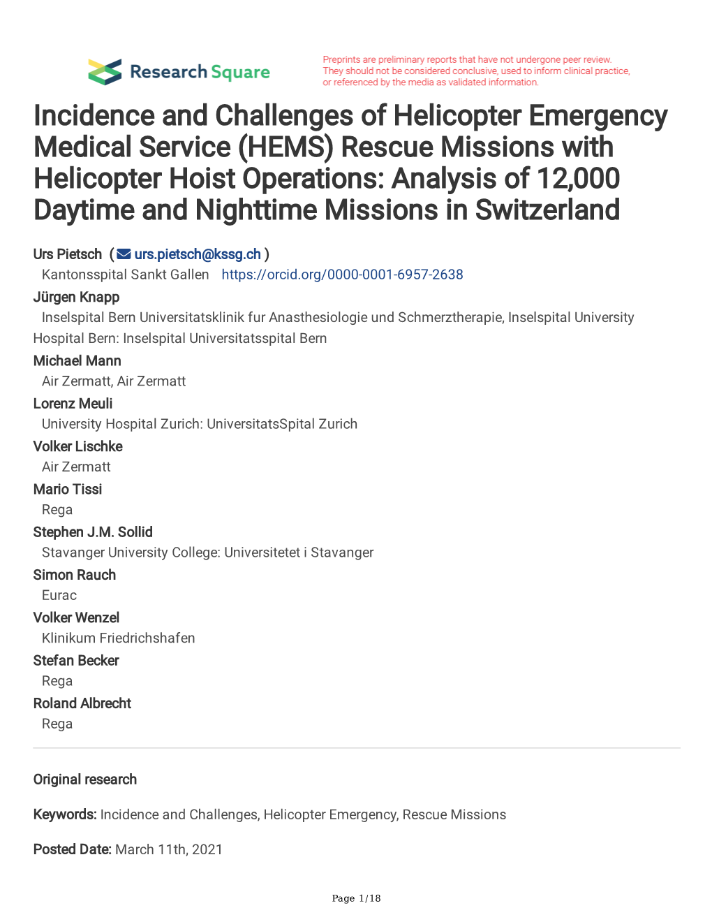 (HEMS) Rescue Missions with Helicopter Hoist Operations: Analysis of 12,000 Daytime and Nighttime Missions in Switzerland