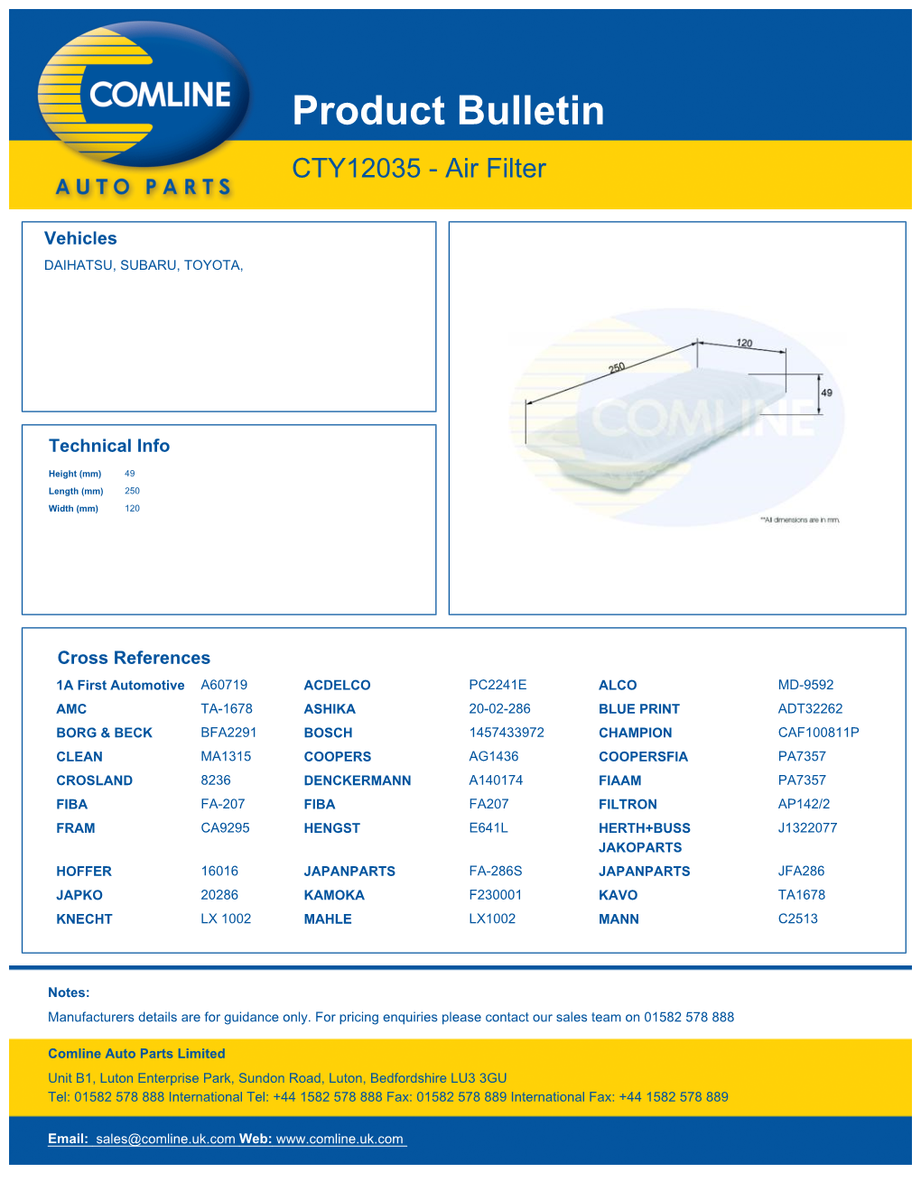 Product Bulletin CTY12035 - Air Filter