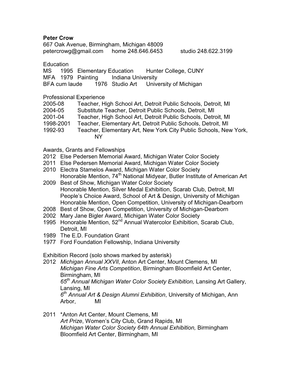 Peter Crow 667 Oak Avenue, Birmingham, Michigan 48009 Petercrowg@Gmail.Com Home 248.646.6453 Studio 248.622.3199