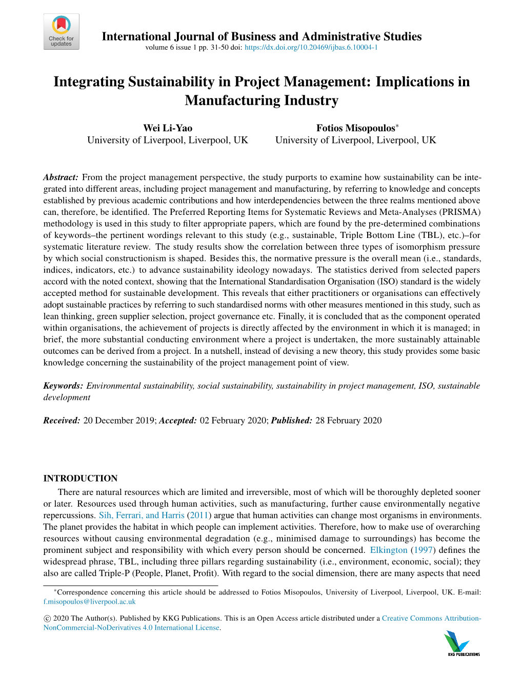 Integrating Sustainability in Project Management: Implications in Manufacturing Industry