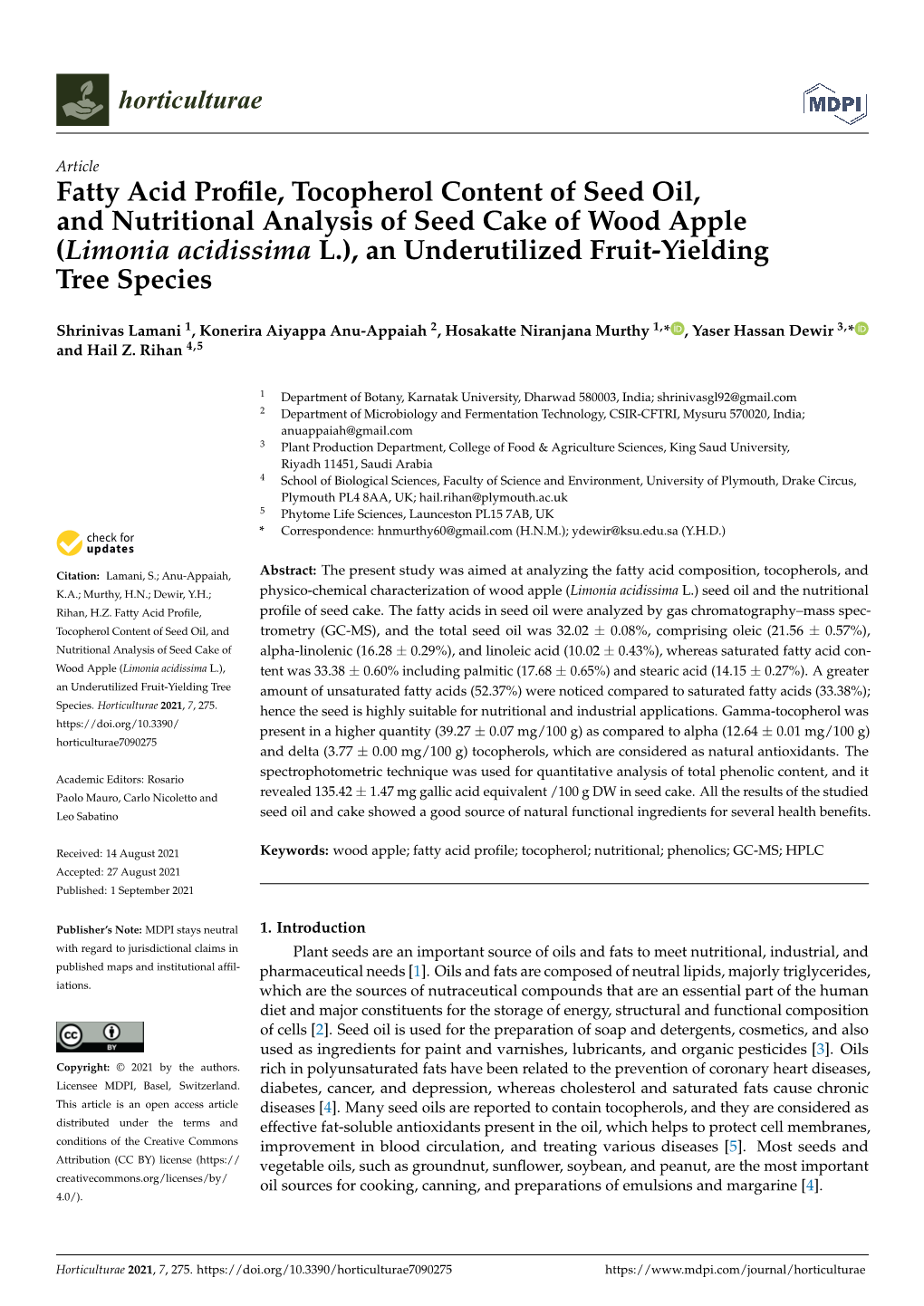 Fatty Acid Profile, Tocopherol Content of Seed Oil,And Nutritional Analysis of Seed Cake of Wood Apple(Limonia Acidissima L.), A