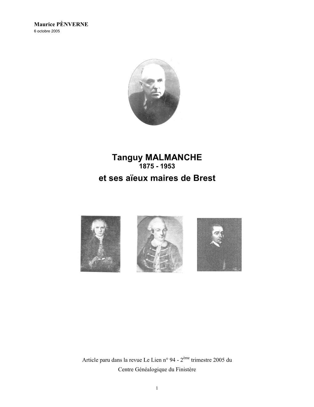 Tanguy MALMANCHE Et Ses Aïeux Maires De Brest