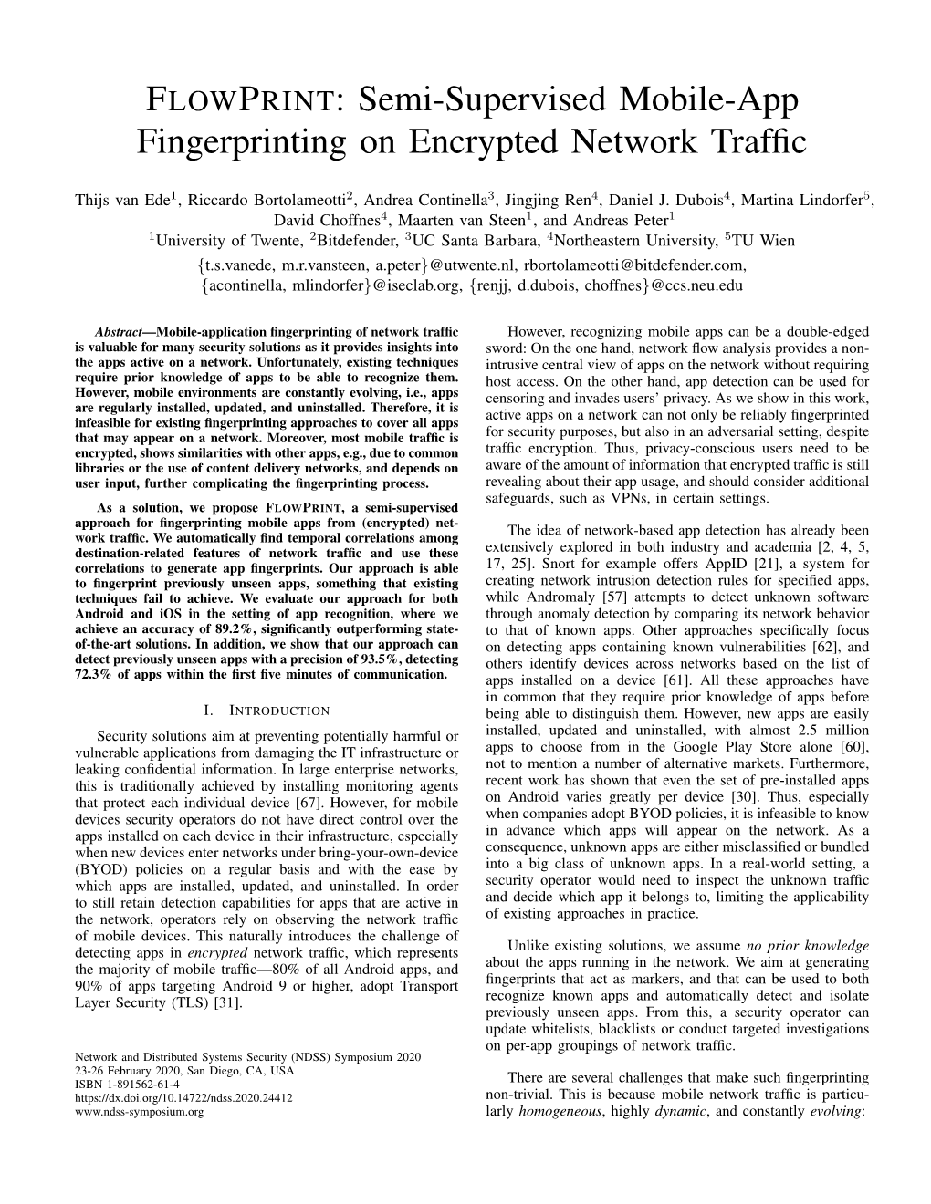 FLOWPRINT: Semi-Supervised Mobile-App Fingerprinting on Encrypted Network Trafﬁc