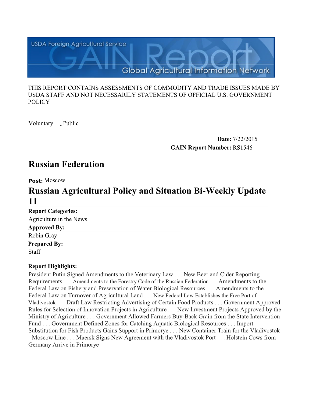 Russian Agricultural Policy and Situation Bi-Weekly Update