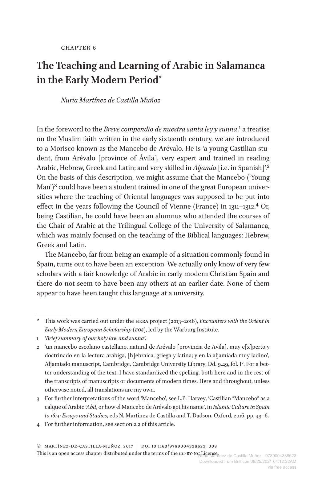 The Teaching and Learning of Arabic in Salamanca in the Early Modern Period*