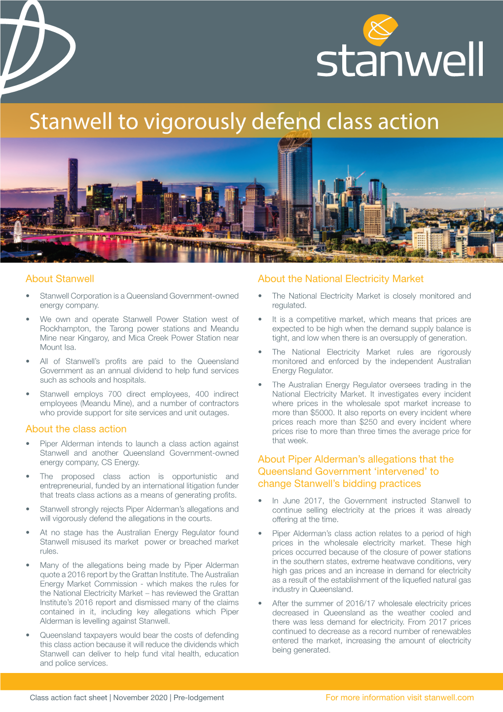Stanwell to Vigorously Defend Class Action