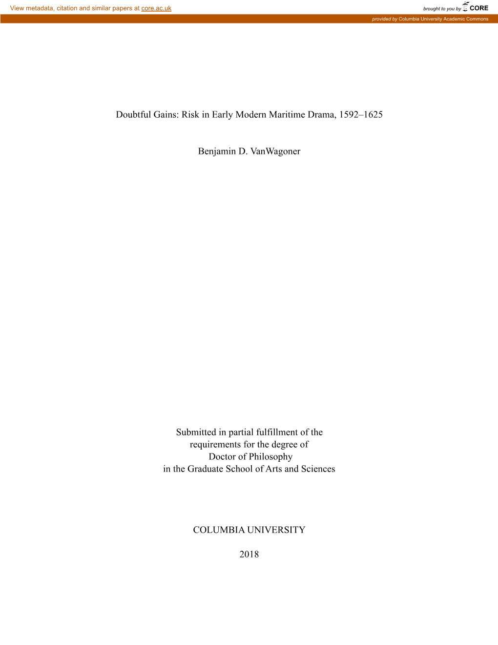 Risk in Early Modern Maritime Drama, 1592–1625