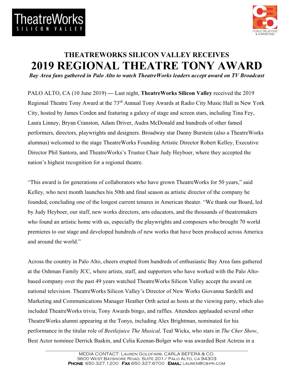 2019 REGIONAL THEATRE TONY AWARD Bay Area Fans Gathered in Palo Alto to Watch Theatreworks Leaders Accept Award on TV Broadcast