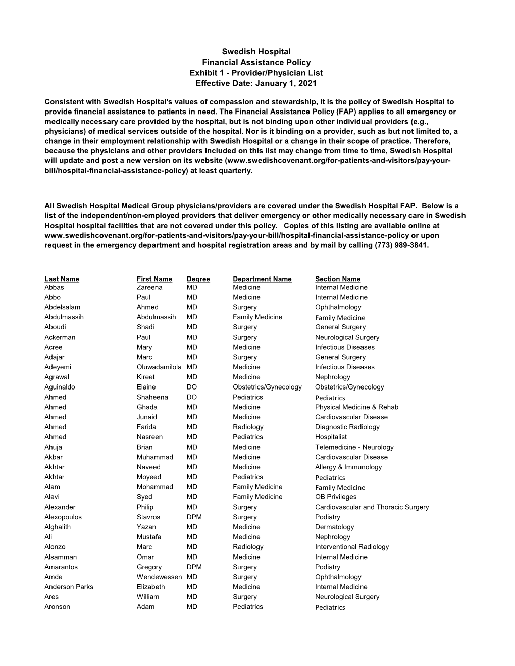 Swedish Hospital Financial Assistance Policy Exhibit 1 - Provider/Physician List Effective Date: January 1, 2021