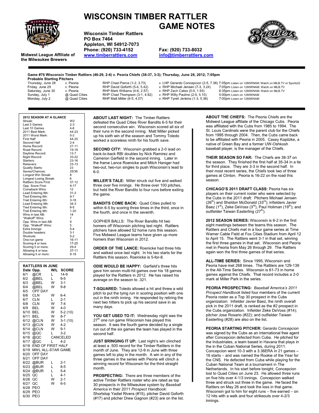 Wisconsin Timber Rattler Game Notes