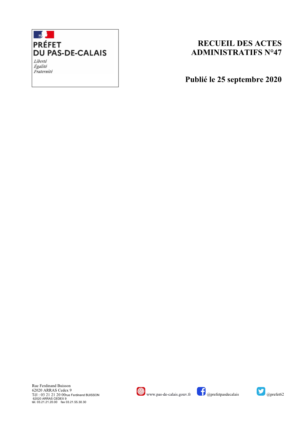 Recueil Des Actes Administratifs N°47 En Date Du 25 Septembre 2020