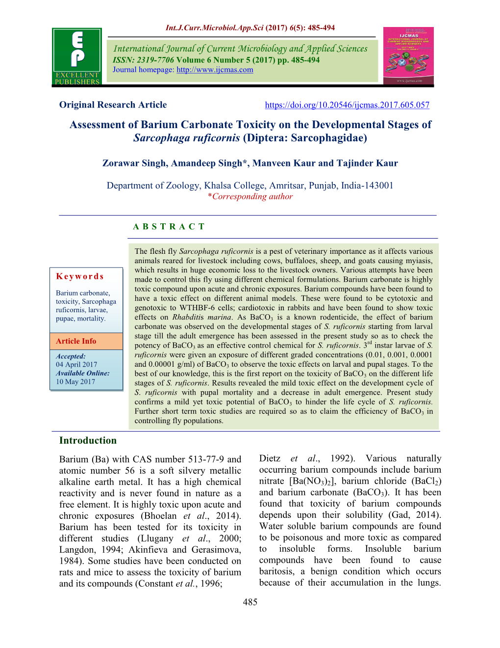 Assessment of Barium Carbonate Toxicity on the Developmental Stages of Sarcophaga Ruficornis (Diptera: Sarcophagidae)