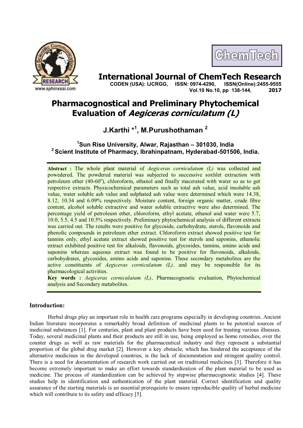 Evaluation of Aegiceras Corniculatum (L)