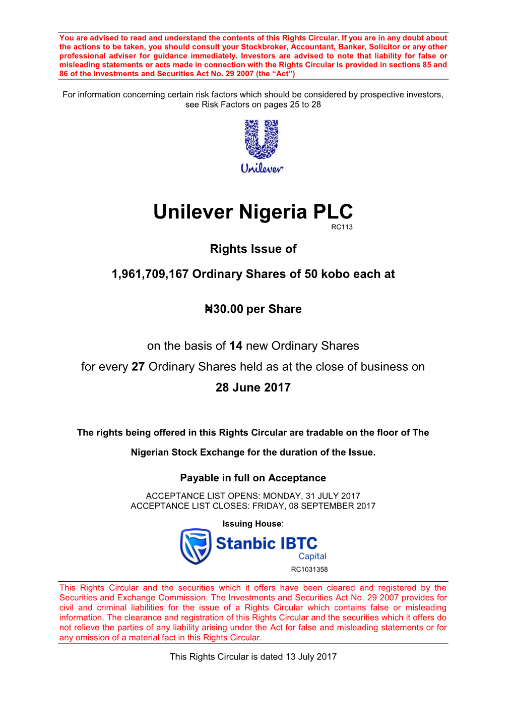 Unilever Nigeria PLC RC113