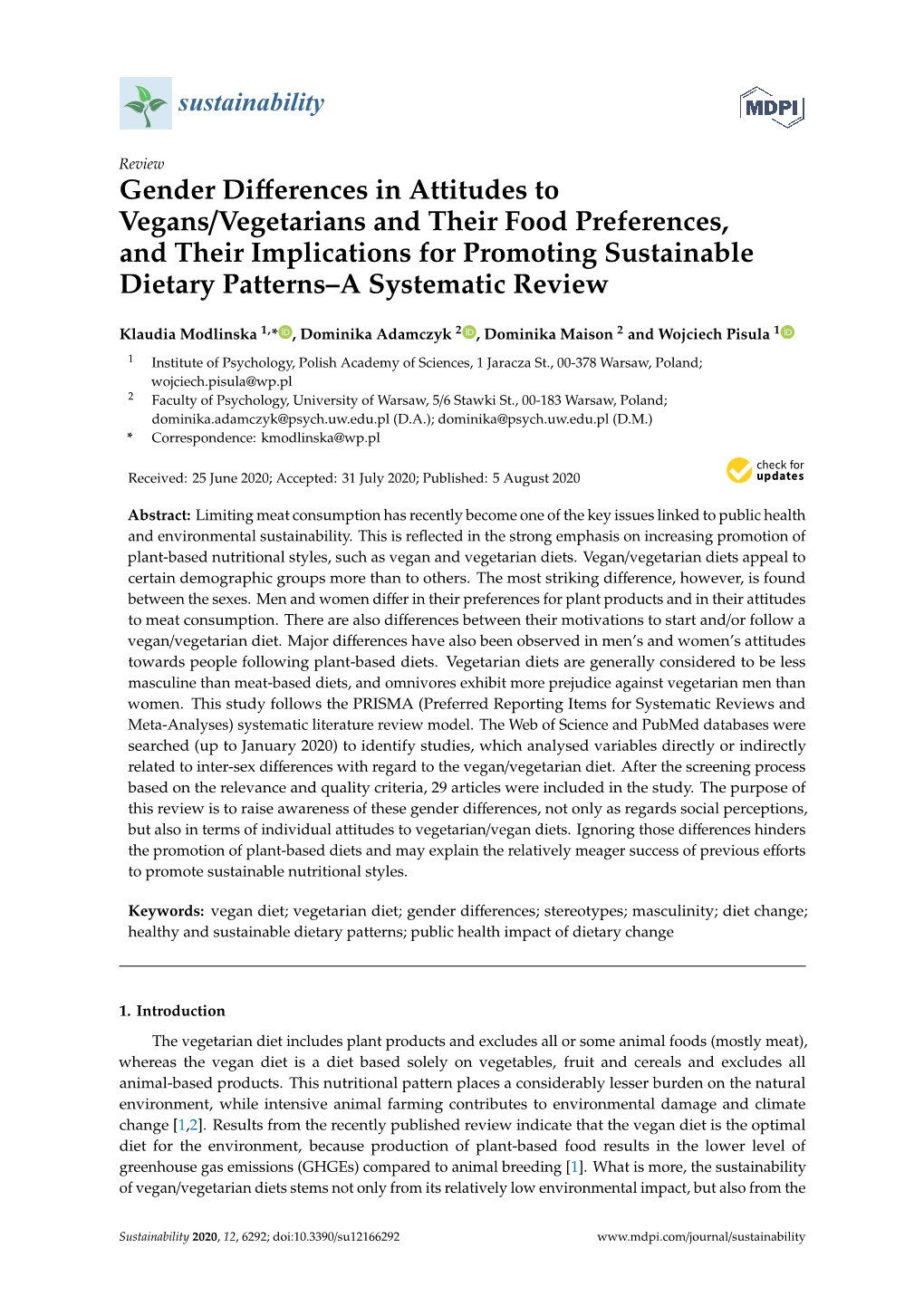 Gender Differences in Attitudes to Vegans/Vegetarians and Their