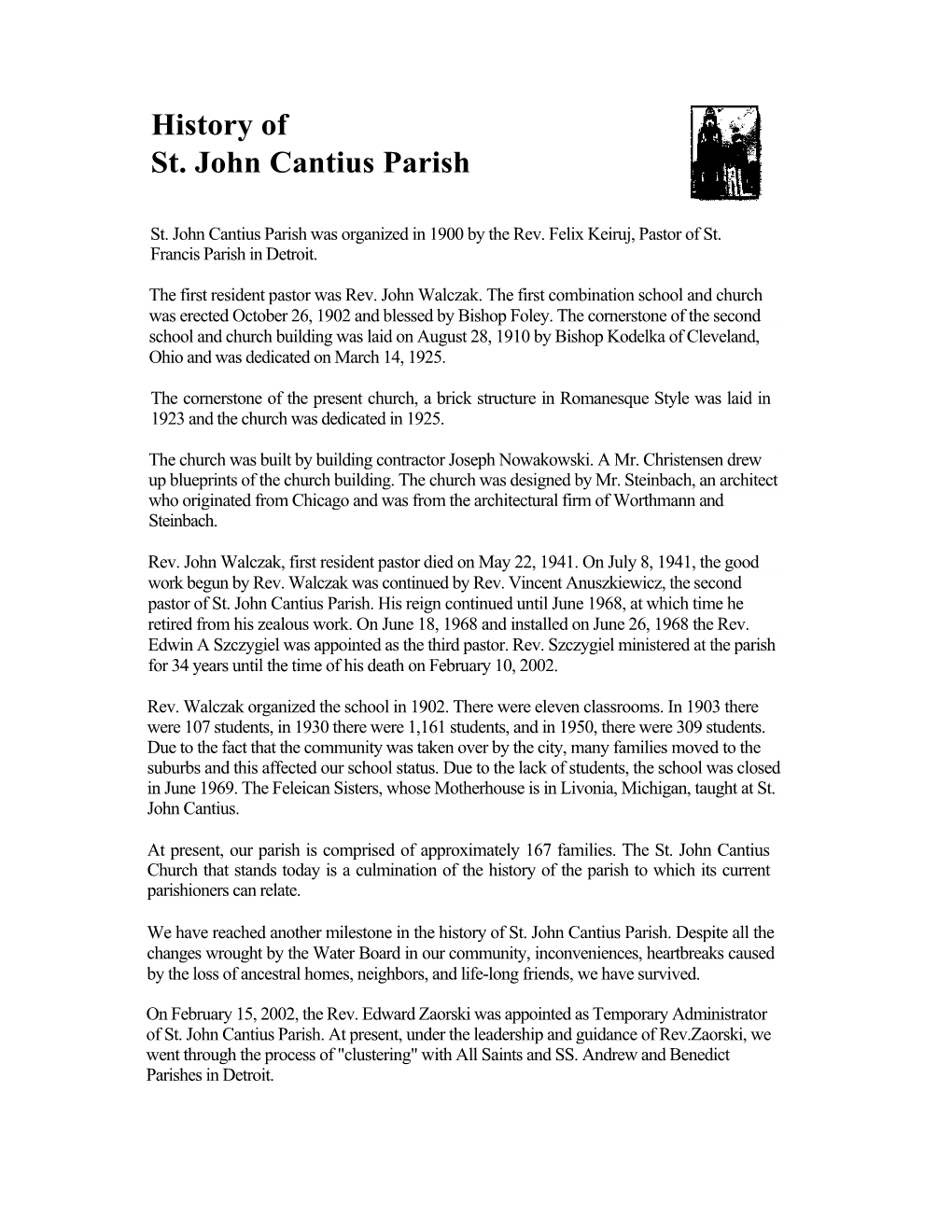 History of St. John Cantius Parish