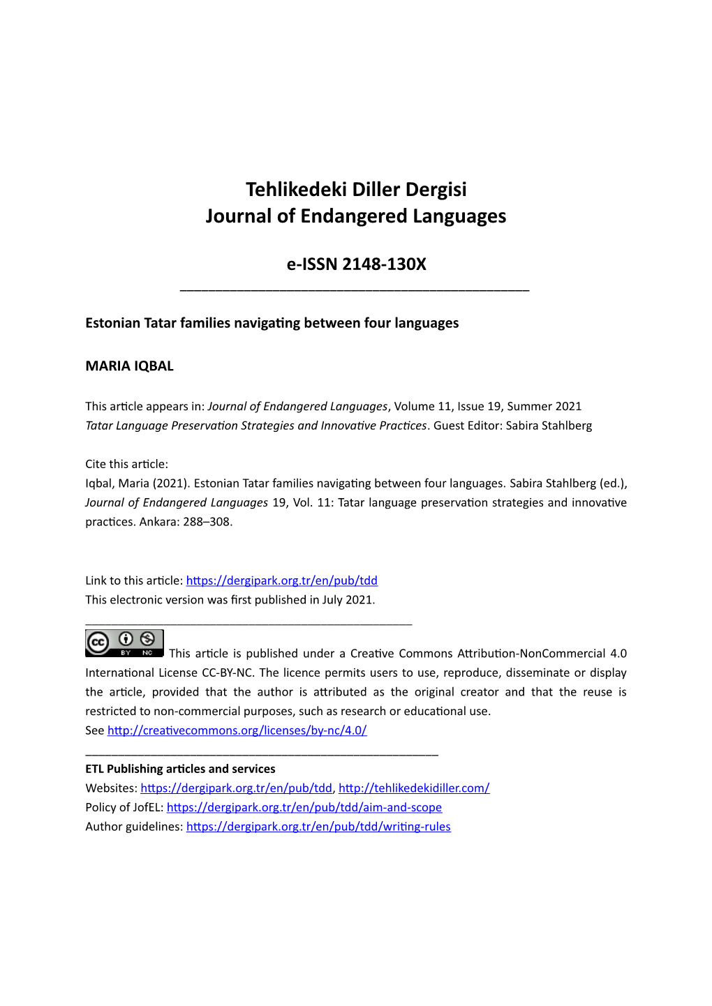 Tehlikedeki Diller Dergisi Journal of Endangered Languages