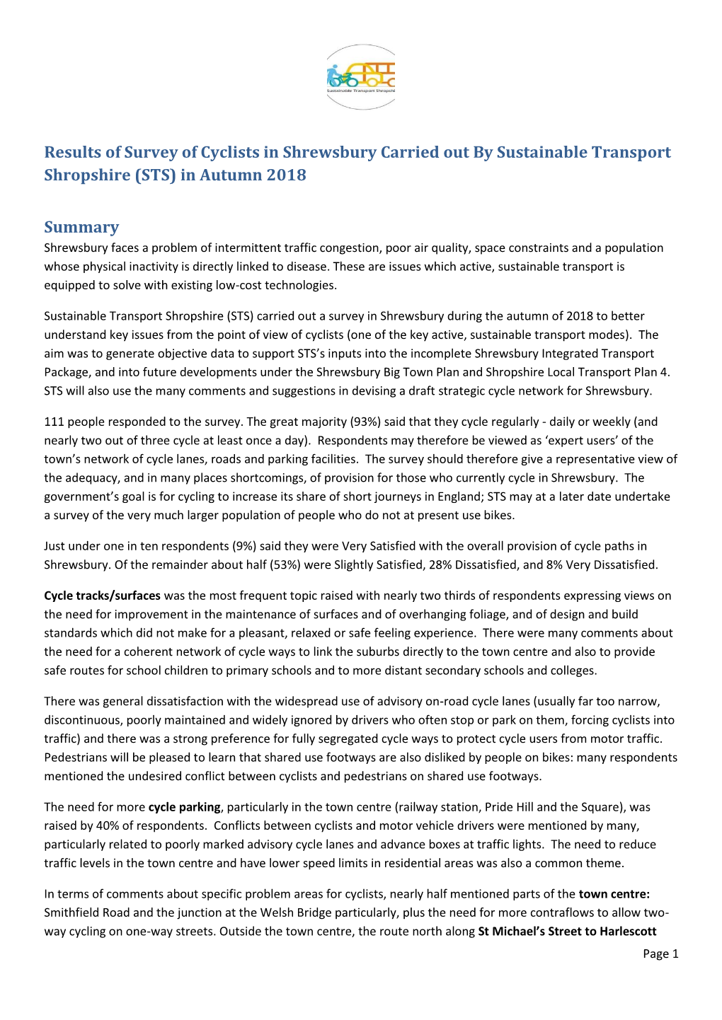 Results of Survey of Cyclists in Shrewsbury Carried out by Sustainable Transport Shropshire (STS) in Autumn 2018