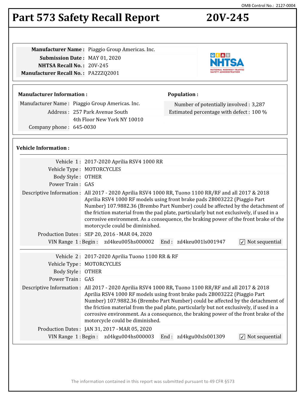 Part 573 Safety Recall Report 20V-245