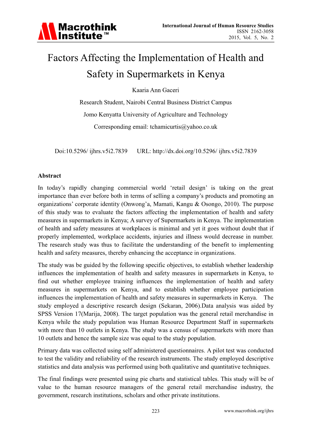 Factors Affecting the Implementation of Health and Safety in Supermarkets in Kenya