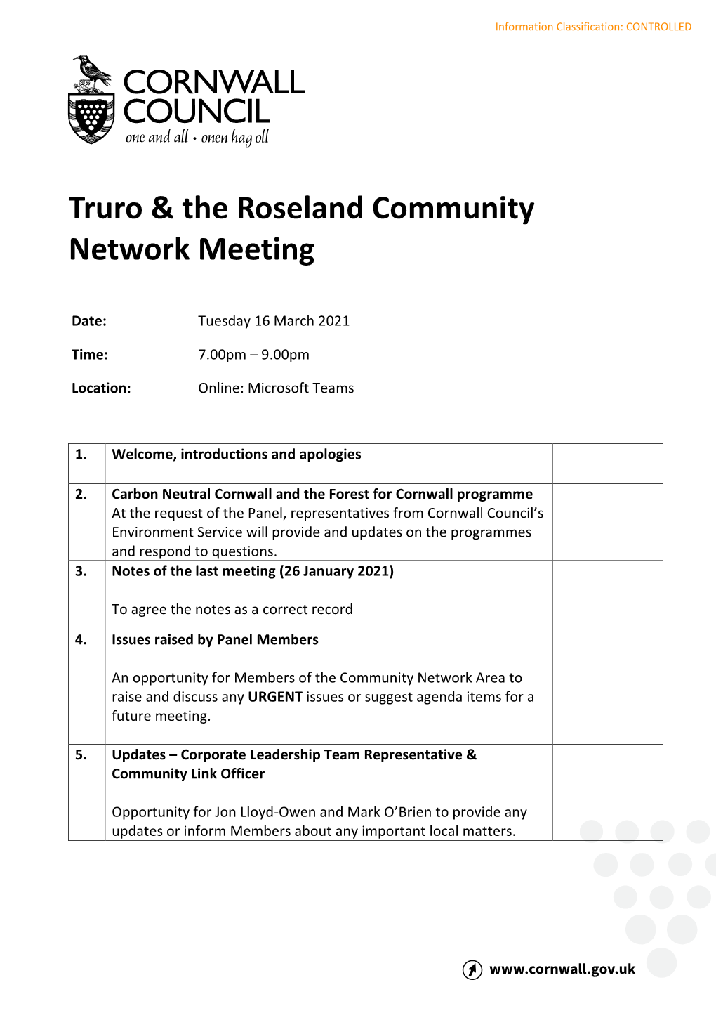 Agenda Truro Roseland Community Network Panel Meeting 16 March