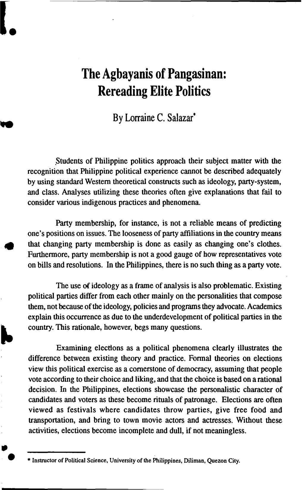 The Agbayanis of Pangasinan: Rereading Elite Politics