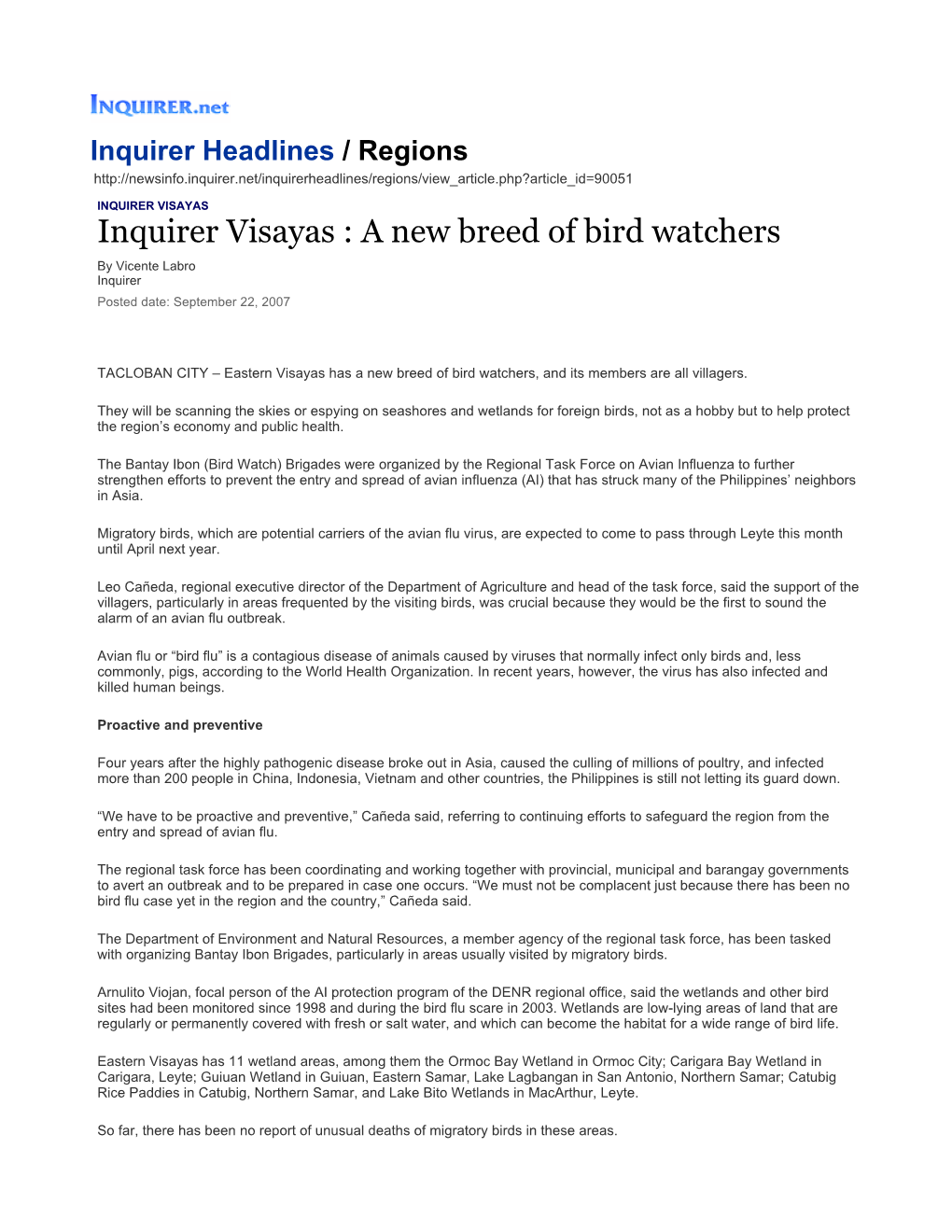 Inquirer Visayas : a New Breed of Bird Watchers by Vicente Labro Inquirer Posted Date: September 22, 2007