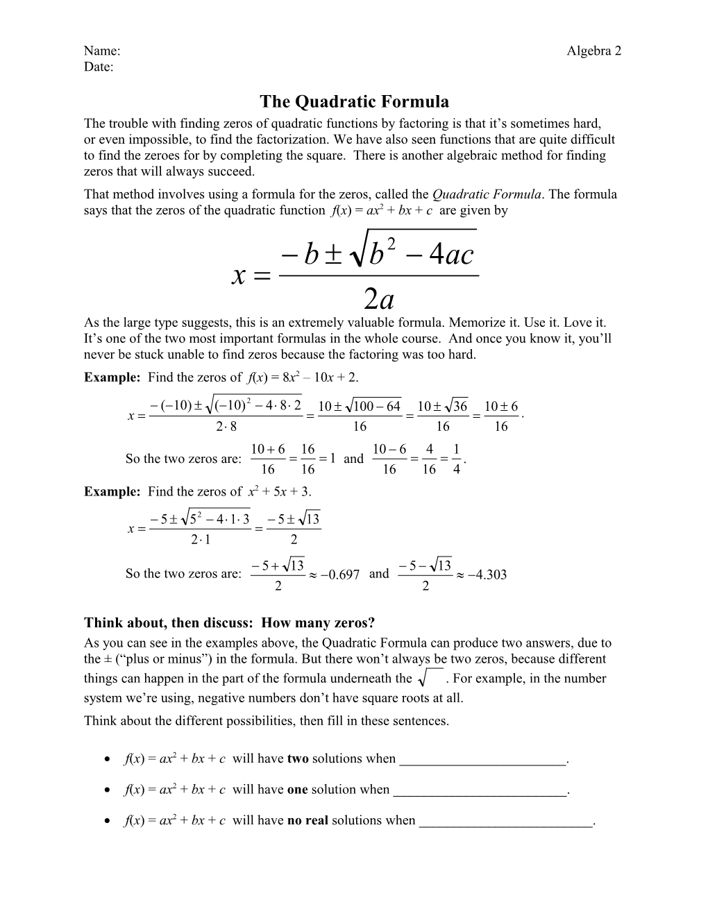 The Quadratic Formula