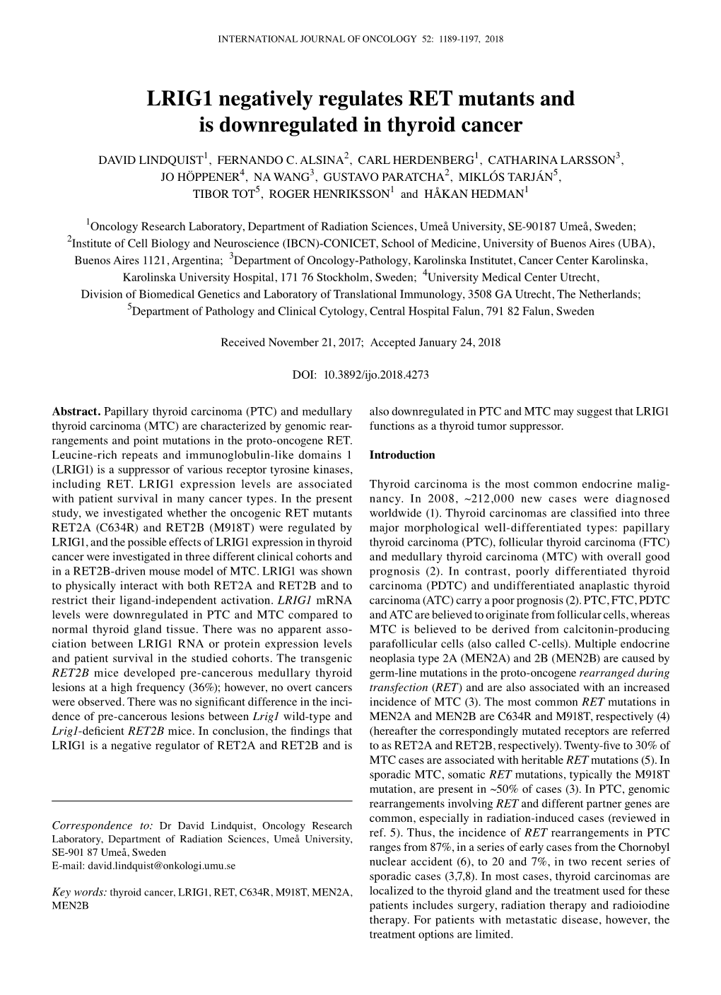 LRIG1 Negatively Regulates RET Mutants and Is Downregulated in Thyroid Cancer