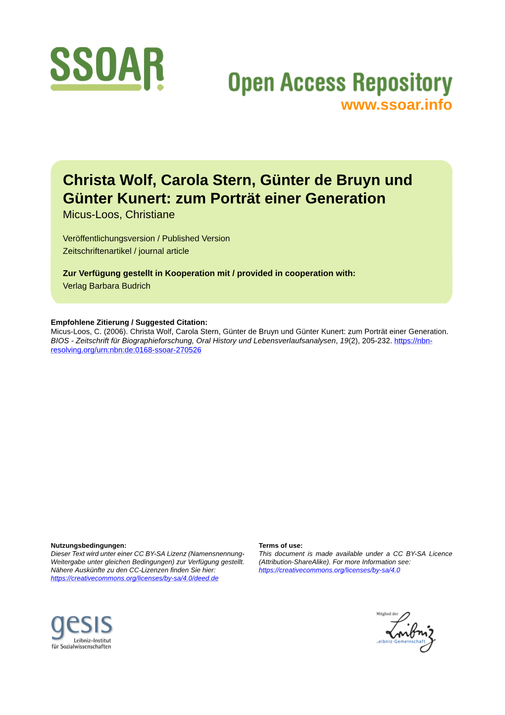 Christa Wolf, Carola Stern, Günter De Bruyn Und Günter Kunert: Zum Porträt Einer Generation Micus-Loos, Christiane