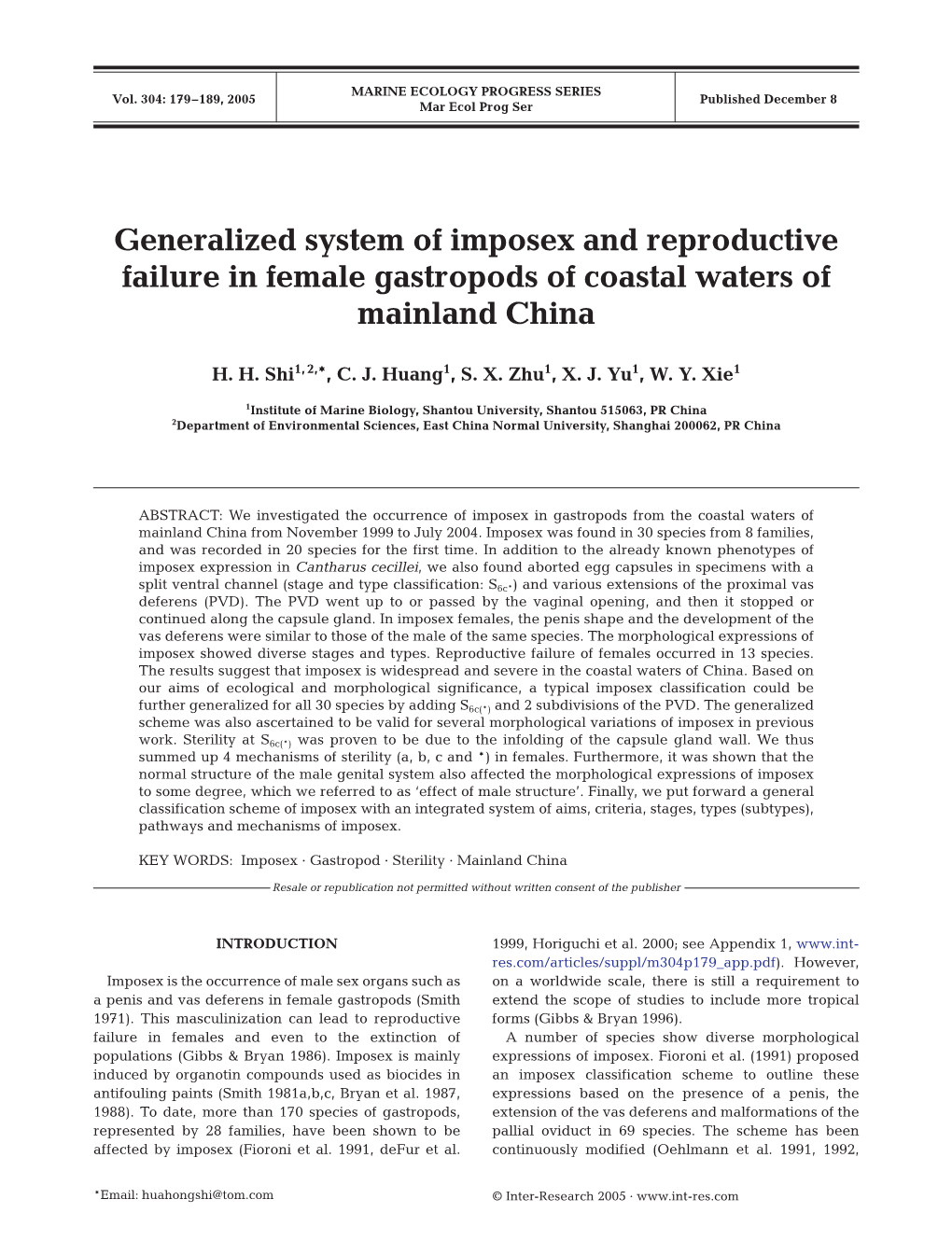 Generalized System of Imposex and Reproductive Failure in Female Gastropods of Coastal Waters of Mainland China