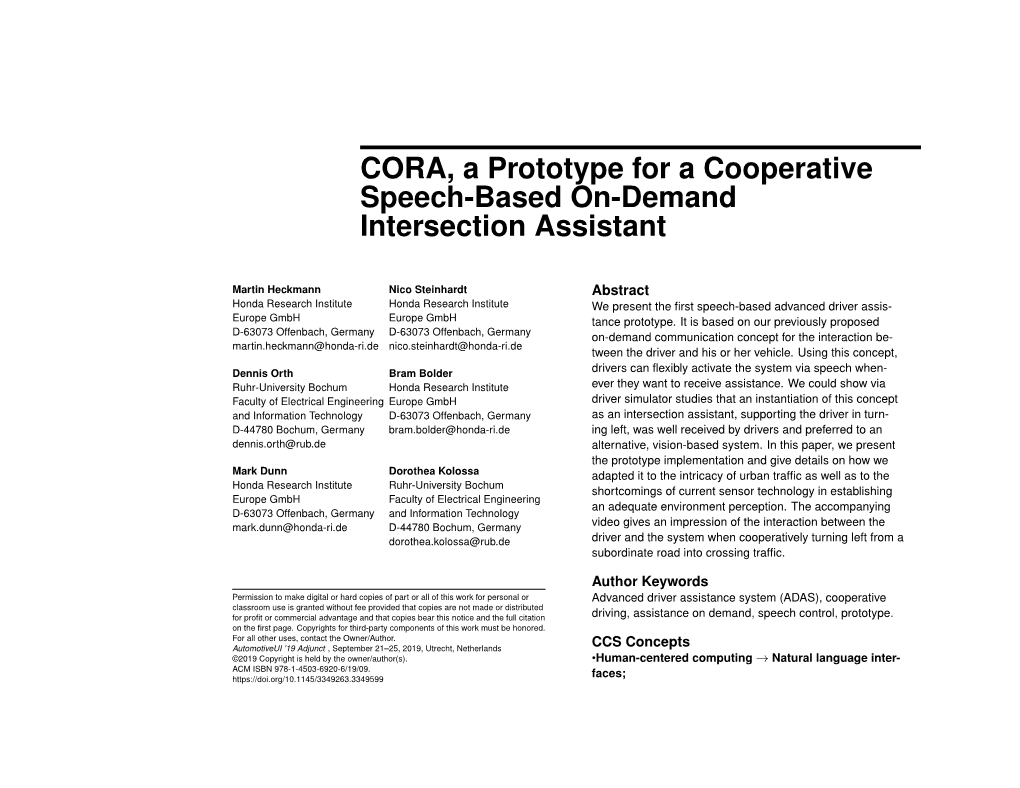 CORA, a Prototype for a Cooperative Speech-Based On-Demand Intersection Assistant