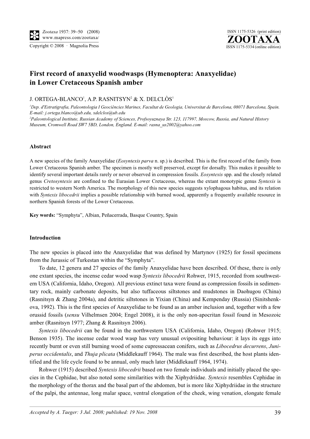 Zootaxa, First Record of Anaxyelid Woodwasps (Hymenoptera