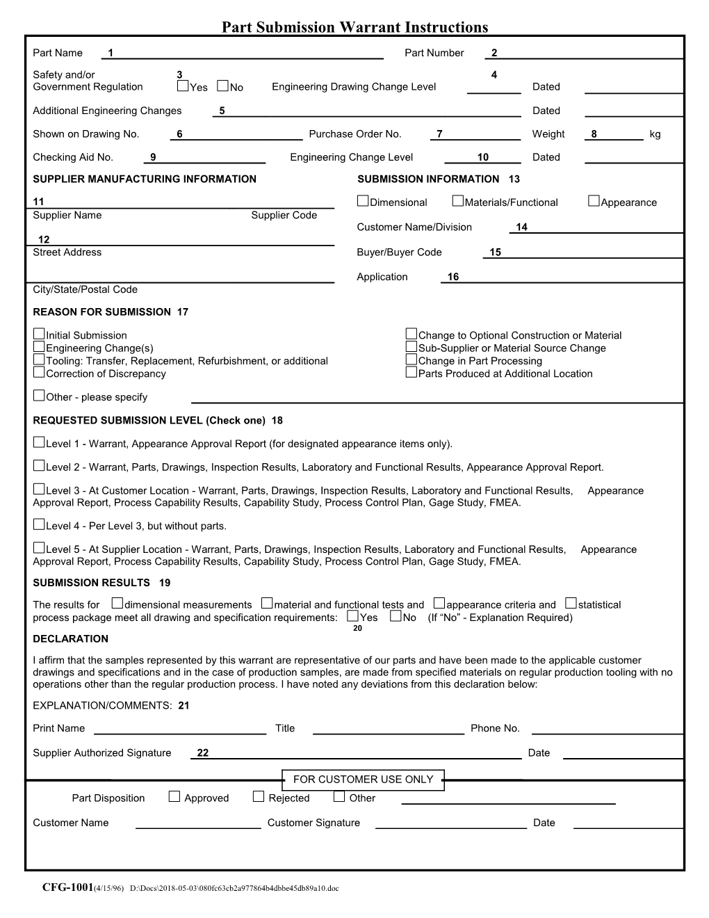 Part Submission Warrant Instructions