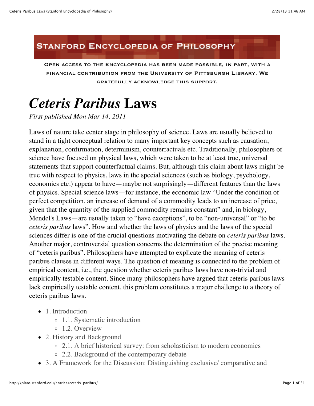 Ceteris Paribus Laws (Stanford Encyclopedia of Philosophy) 2/28/13 11:46 AM