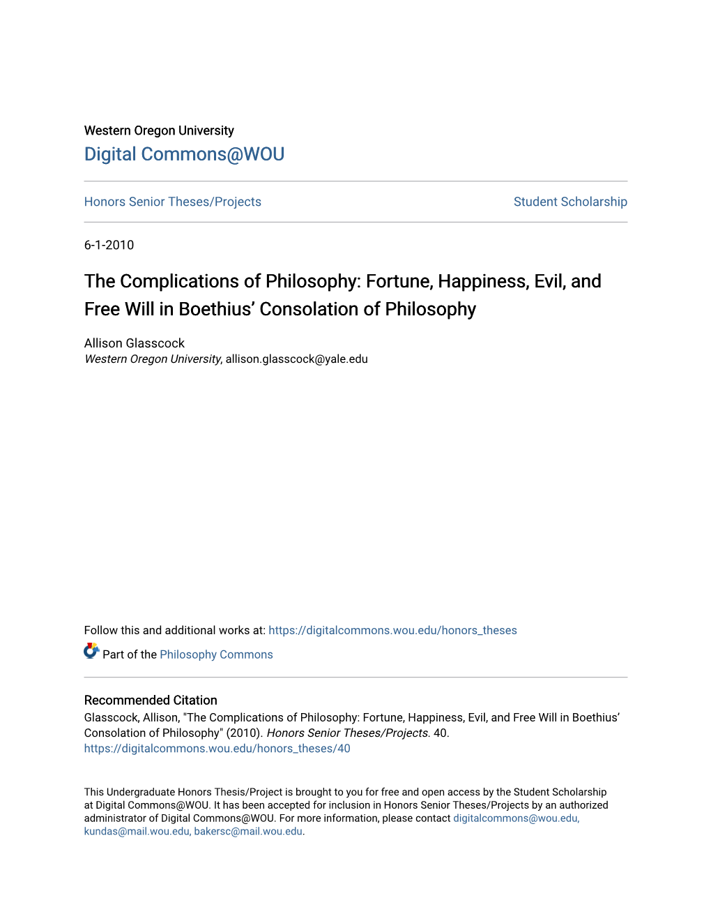 The Complications of Philosophy: Fortune, Happiness, Evil, and Free Will in Boethius’ Consolation of Philosophy