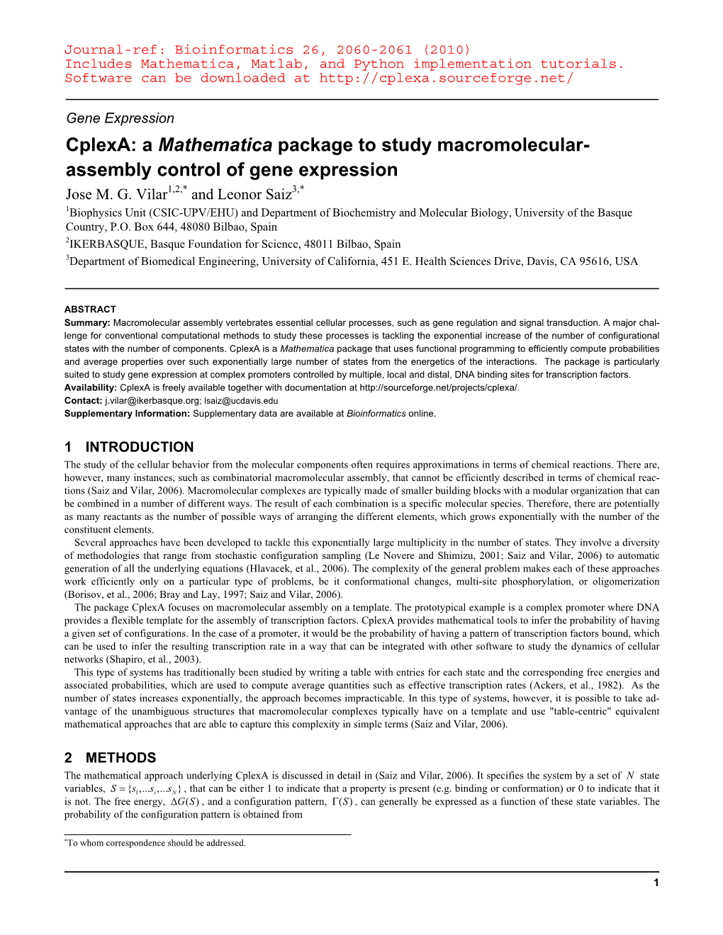 Cplexa: a Mathematica Package to Study Macromolecular- Assembly Control of Gene Expression Jose M