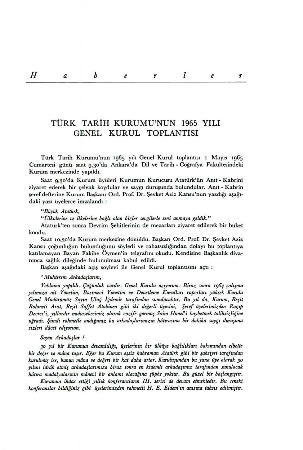 Türk Tarih Kurumu'nun 1965 Yılı Genel Kurul Toplantısı