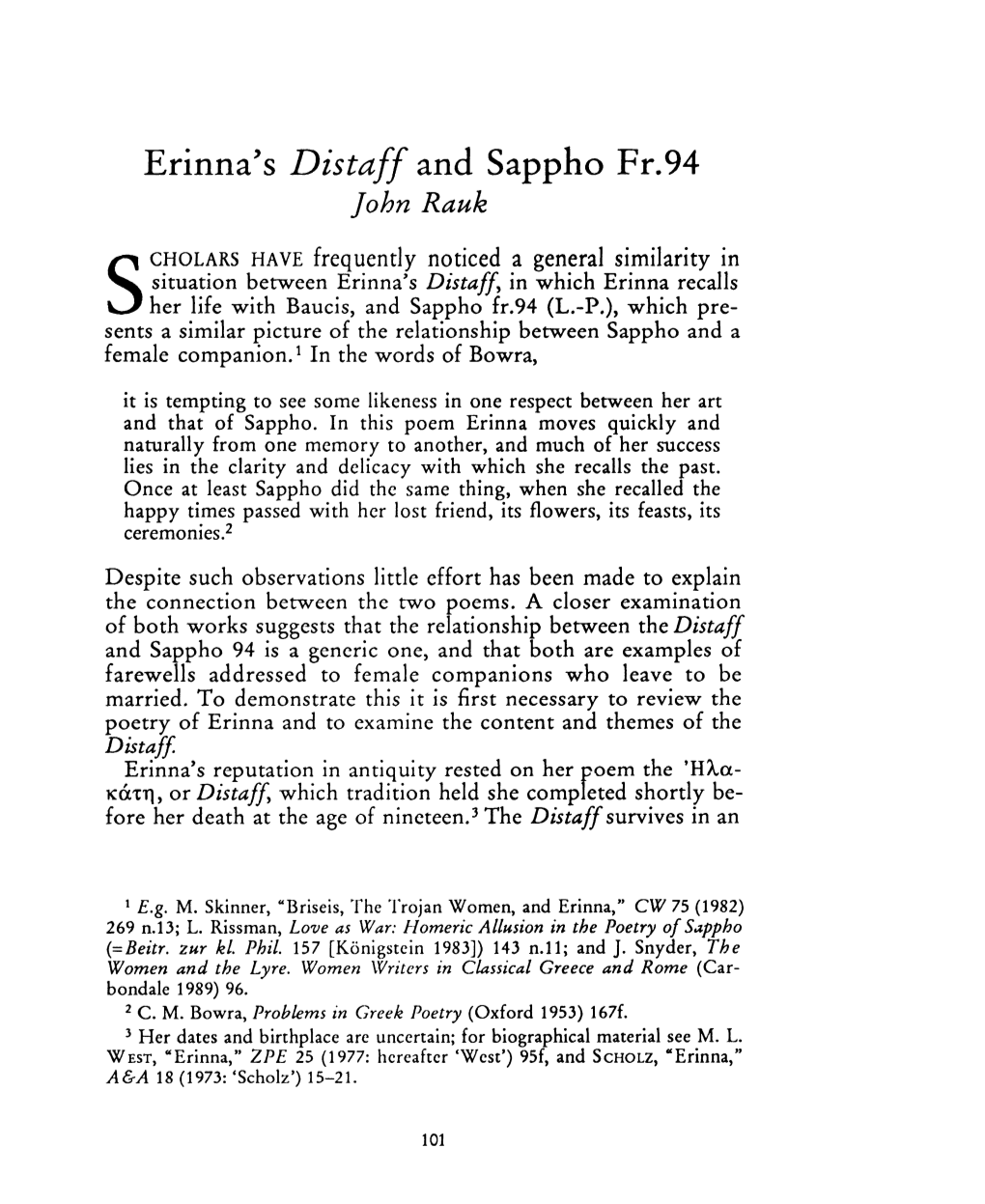 Erinna's Distaff and Sappho Fr.94 John Rauk