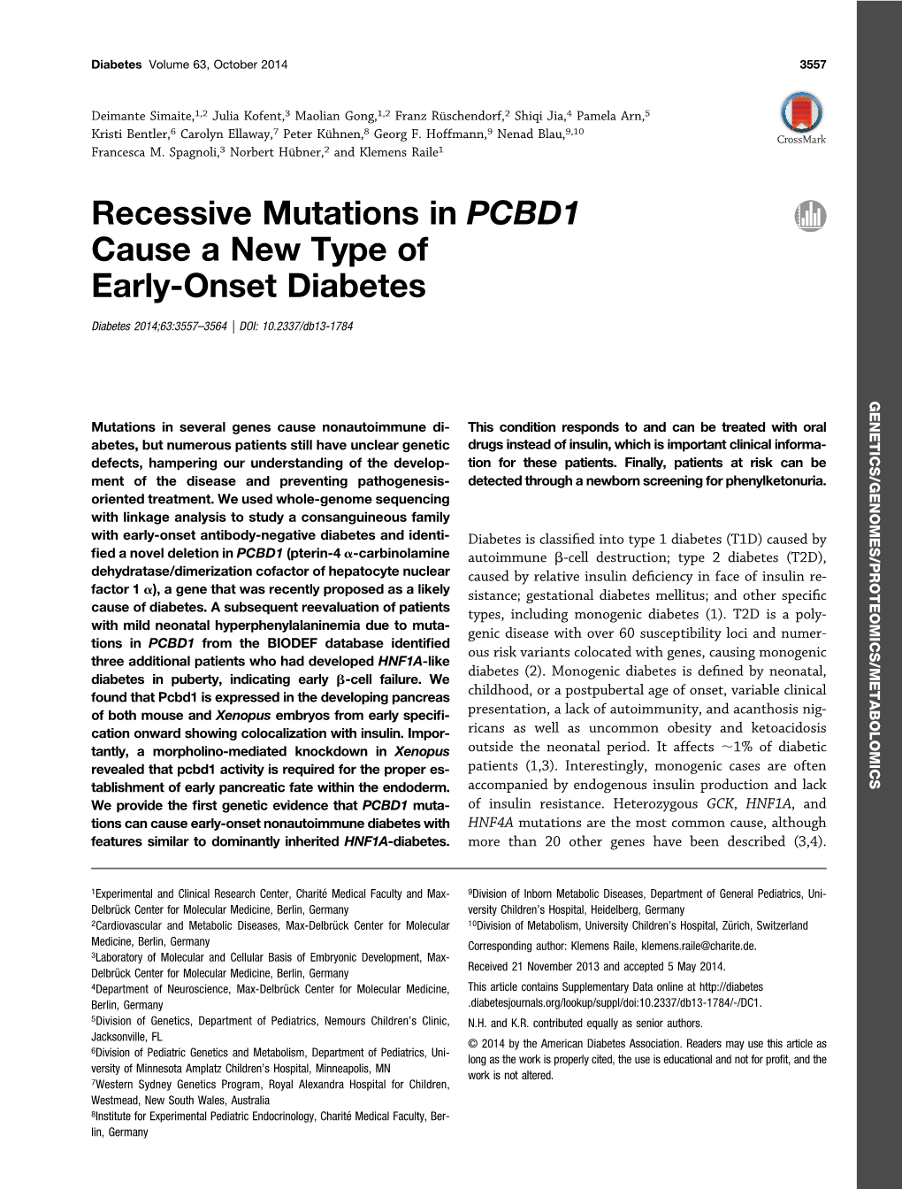 Recessive Mutations in PCBD1 Cause a New Type of Early-Onset Diabetes