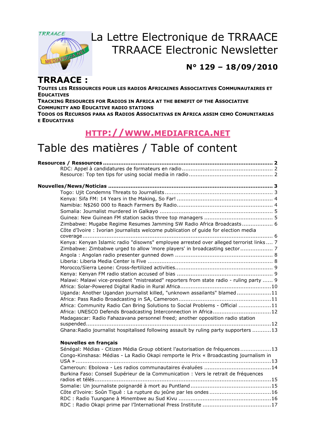 La Lettre Electronique De TRRAACE TRRAACE Electronic Newsletter