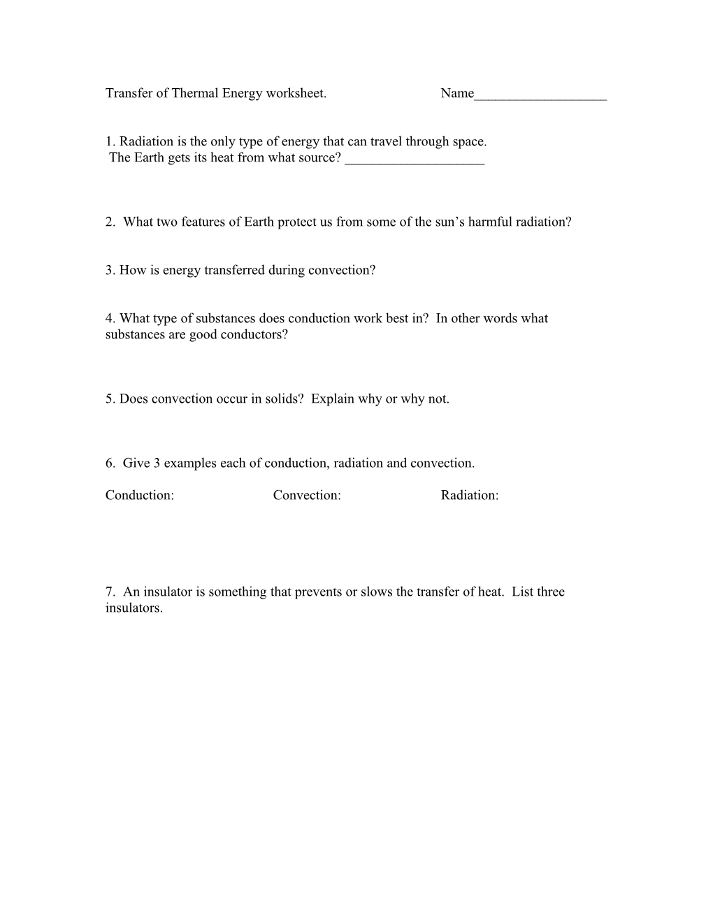 Transfer of Thermal Energy Worksheet s1