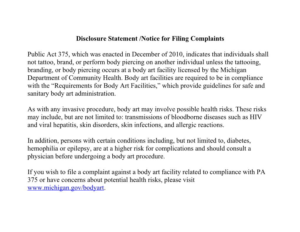 Disclosure Statement /Notice for Filing Complaints